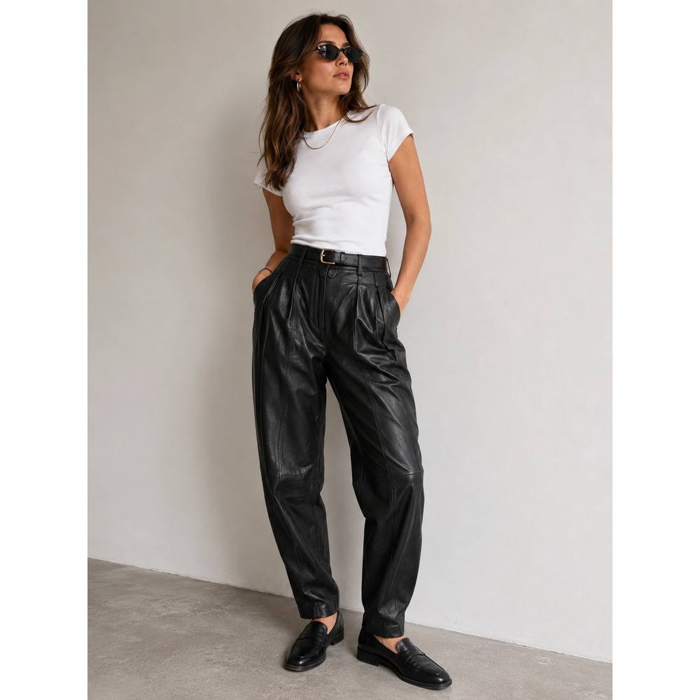 Toffs Leather Trouser Pants Womens 12T Black High Waist Pleated 80s Vintage Goth